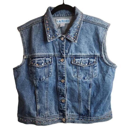 L.A. Blues Vintage Embellished Cotton Denim Vest Pleated Size XL One Of A Kind - Picture 1 of 14